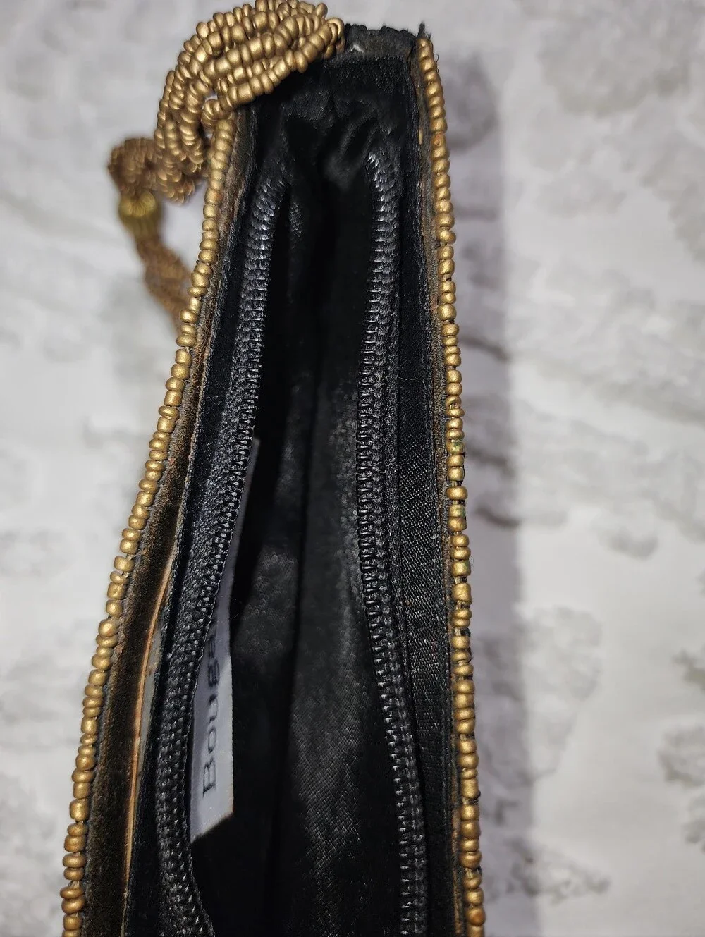 Bougainvillea Brown Bag With Bronze Stitching, Beaded Handle & Embellishments
